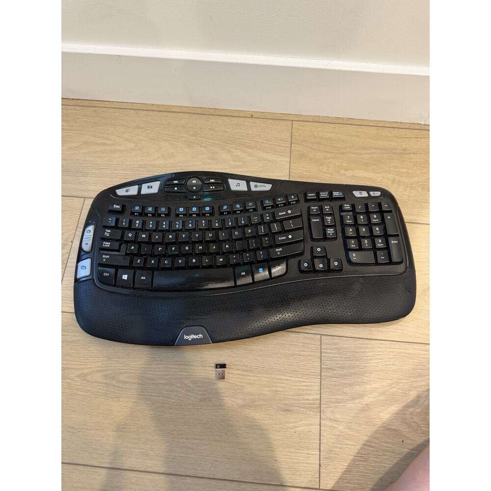 Logitech K350 Black Wave Wireless Keyboard With Dongle Ergonomic Cleaned Tested